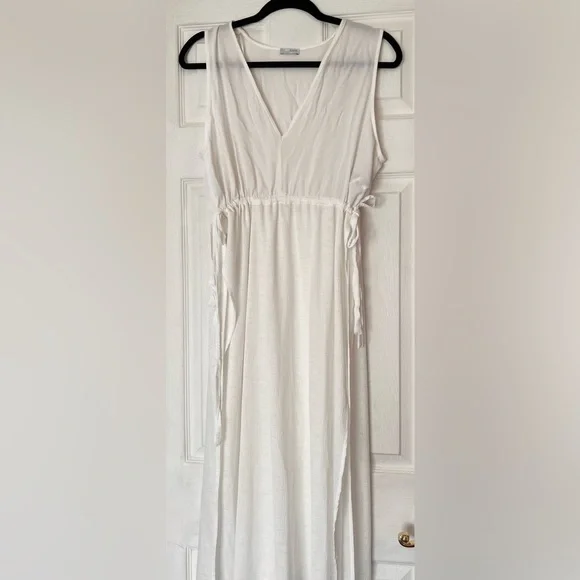 Zara double side slit maxi tunic dress v neck sleeveless waist tie large - Picture 1 of 5
